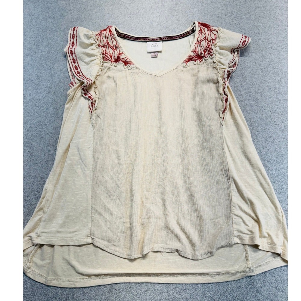Knox Rose Blouse Womens Medium Ivory Red‎ Embroidered Flutter Sleeve Boho Top